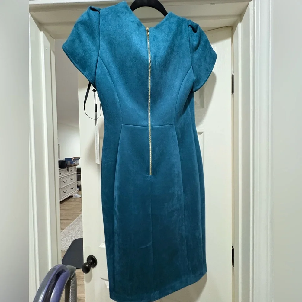 Calvin Klein teal suede dress with tulip sleeve. Size 2. NWT. smoke free home. - Picture 2 of 2